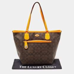 Pre Owned Coach Dark Brown/Neon Signature Coated Canvas and Leather Signature Zip Tote