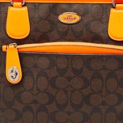 Pre Owned Coach Dark Brown/Neon Signature Coated Canvas and Leather Signature Zip Tote