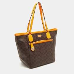 Pre Owned Coach Dark Brown/Neon Signature Coated Canvas and Leather Signature Zip Tote