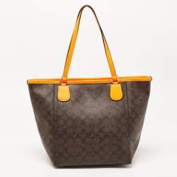 Pre Owned Coach Dark Brown/Neon Signature Coated Canvas and Leather Signature Zip Tote