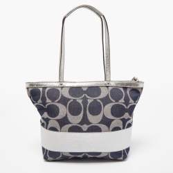 Pre Owned Coach Blue/Silver Denim and Leather Tote