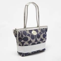 Pre Owned Coach Blue/Silver Denim and Leather Tote