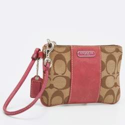 Coach Beige/Pink Signature Canvas and Leather Wristlet Pouch