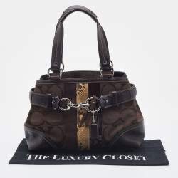 Pre Owned Coach Dark Brown/Beige Signature Canvas and Leather Hampton Tote