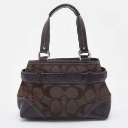 Pre Owned Coach Dark Brown/Beige Signature Canvas and Leather Hampton Tote