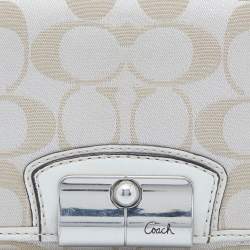 Coach Beige/White Signature Canvas and Leather Flap Continental Wallet