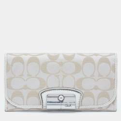 Coach Beige/White Signature Canvas and Leather Flap Continental Wallet