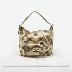 Pre Owned Coach Beige/Gold Op Art Sequins, Canvas and Leather Kristin Hobo