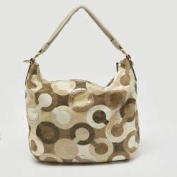 Pre Owned Coach Beige/Gold Op Art Sequins, Canvas and Leather Kristin Hobo