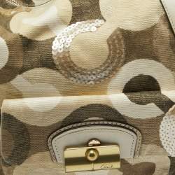 Pre Owned Coach Beige/Gold Op Art Sequins, Canvas and Leather Kristin Hobo