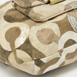 Pre Owned Coach Beige/Gold Op Art Sequins, Canvas and Leather Kristin Hobo