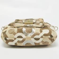 Pre Owned Coach Beige/Gold Op Art Sequins, Canvas and Leather Kristin Hobo