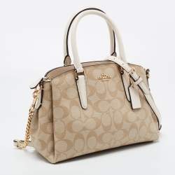 Pre Owned Coach Off White/Beige Signature Coated Canvas and Leather Mini Christie Carryall Satchel