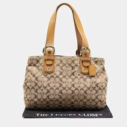 Coach Tan/Beige Canvas and Patent Leather Buckle Handle Tote