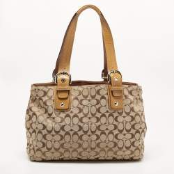 Coach Tan/Beige Canvas and Patent Leather Buckle Handle Tote