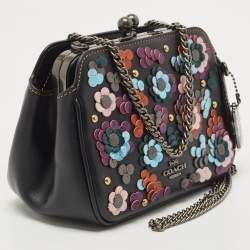 Pre Owned Coach Black Leather Floral Sequin Kiss Lock Crossbody Bag