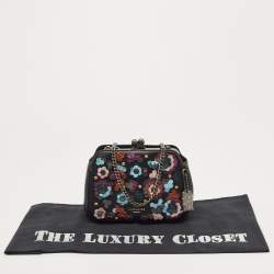 Pre Owned Coach Black Leather Floral Sequin Kiss Lock Crossbody Bag