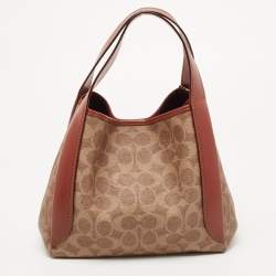 Pre Owned Coach Beige/Brown Signature Coated Canvas and Leather Hadley 21 Hobo