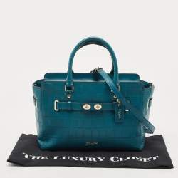 Pre Owned Coach Teal Blue Croc Embossed Leather Swagger 30 Tote
