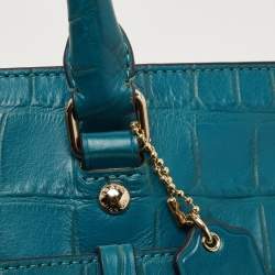 Pre Owned Coach Teal Blue Croc Embossed Leather Swagger 30 Tote
