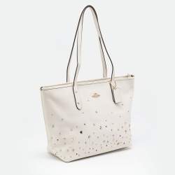 Pre Owned Coach Ivory Leather Stardust Studs City Zip Tote