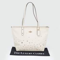 Pre Owned Coach Ivory Leather Stardust Studs City Zip Tote