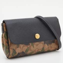 Coach Black/Beige Signature Rose Print Coated Canvas and Leather Reversible Flap Crossbody Bag