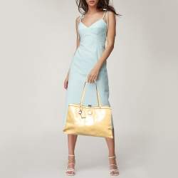 Pre Owned Coach Yellow Op Art Patent Leather Kisslock Tote