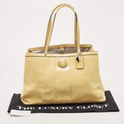 Pre Owned Coach Yellow Op Art Patent Leather Kisslock Tote