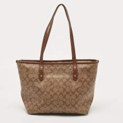 Coach Beige/Brown Signature Coated Canvas and Leather City Zip Tote
