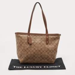 Coach Beige/Brown Signature Coated Canvas and Leather City Zip Tote