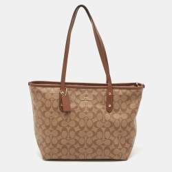 Coach Beige/Brown Signature Coated Canvas and Leather City Zip Tote