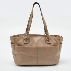 Pre Owned Coach Beige Leather Business To Zip  Tote
