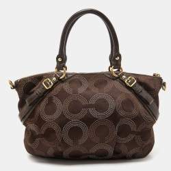 Pre Owned Coach Dark Brown Op Art Signature Satin and Leather Madison Satchel