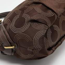 Pre Owned Coach Dark Brown Op Art Signature Satin and Leather Madison Satchel
