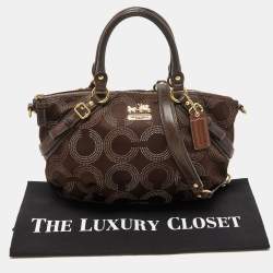 Pre Owned Coach Dark Brown Op Art Signature Satin and Leather Madison Satchel