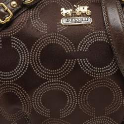 Pre Owned Coach Dark Brown Op Art Signature Satin and Leather Madison Satchel