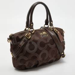 Pre Owned Coach Dark Brown Op Art Signature Satin and Leather Madison Satchel