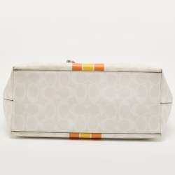 Pre Owned Coach White/Taupe Signature Coated Canvas and Leather City Tote