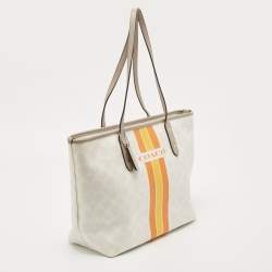 Pre Owned Coach White/Taupe Signature Coated Canvas and Leather City Tote