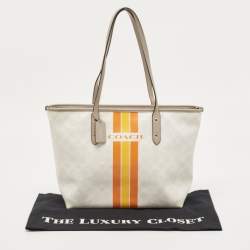 Pre Owned Coach White/Taupe Signature Coated Canvas and Leather City Tote