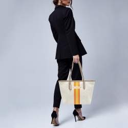 Pre Owned Coach White/Taupe Signature Coated Canvas and Leather City Tote