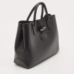 Pre Owned Longchamp Black/Rust Leather Roseau Tote