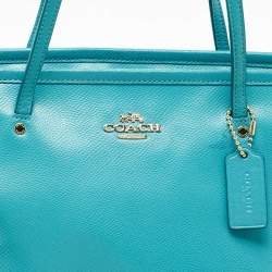 Pre Owned Coach Turquoise Blue Leather Street Zip Tote