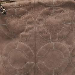 Pre Owned Coach Grey/Dark Brown Op Art Signature Nubuck Leather Zip Hobo