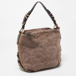 Pre Owned Coach Grey/Dark Brown Op Art Signature Nubuck Leather Zip Hobo