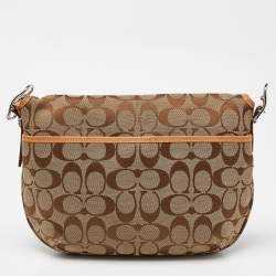 Pre Owned Coach Beige Signature Canvas and Leather Flap Crossbody Bag