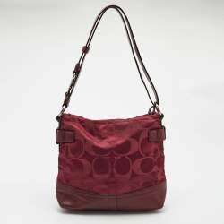 Pre Owned Coach Burgundy Signature Satin and Leather Chain Detail Hobo