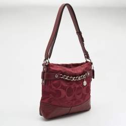 Pre Owned Coach Burgundy Signature Satin and Leather Chain Detail Hobo