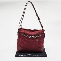 Pre Owned Coach Burgundy Signature Satin and Leather Chain Detail Hobo